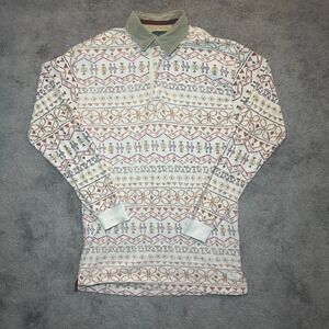 Chaps Polo Shirt Mens Medium White Southwestern Corduroy Collar Long Sleeve